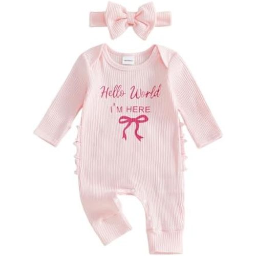 Newborn Baby Girl Coming Going Home Clothes She's Here Bow Embroidery Knit Romper Onesie Fall Winter Outfit