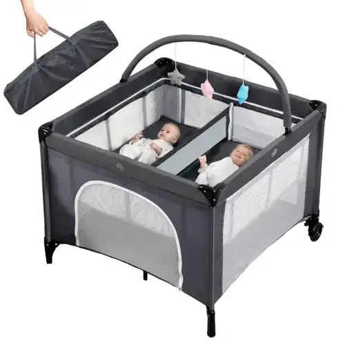 Isabelle & Max™ Twin Bassinet - Foldable Double Bassinet For Twins With Hanging Toys & Storage Basket, Portable Bedside Sleeper Pack And Play With Carry Bag Grey | Wayfair
