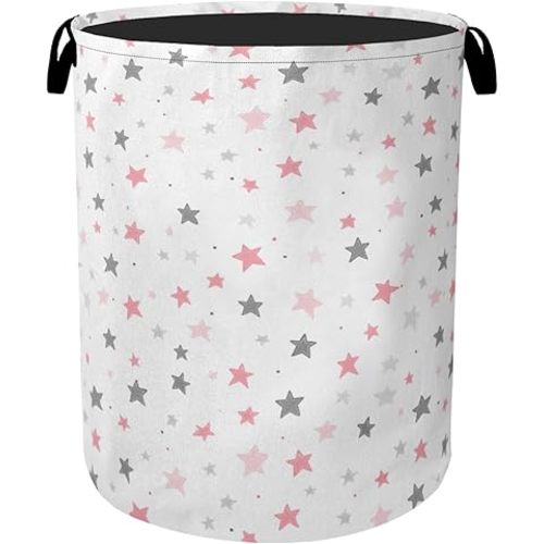 Cute Pink Stars Foldable Canvas Laundry Basket with Handles - Toy Organizer, Heavy Duty for Home,Bedroom, Dorm, Bathroom