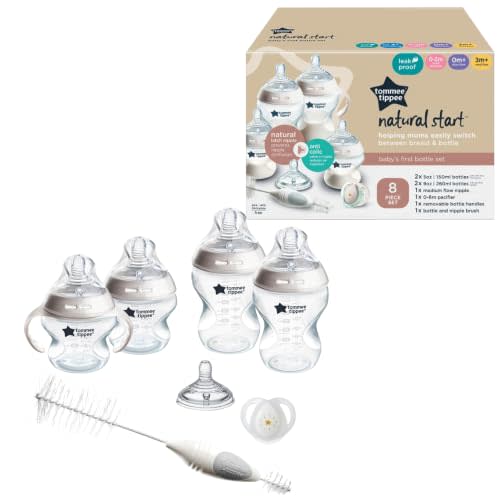 Tommee Tippee Natural Start Baby's First Bottle and Pacifier 8 Piece Set, 2 x 5oz and 2 x 9oz Anti-Colic BPA Free Bottles, 1x Medium Flow Nipple, 1x 0-6 Month Pacifier, Clear