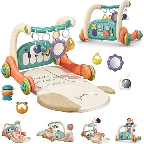 Baby Play Gym with Height Adjustment, Kick & Play Piano Mat with Music and Light, Tummy Time Mat with 5 Detachable Sensory Toys for Newborns to Toddlers (0–14M+)