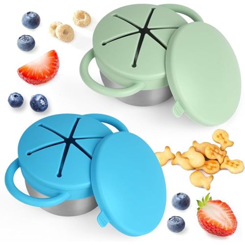 Daximo 2 Pack Snack Cups for Toddlers Spill Proof - Detachable Stainless Steel Toddler Snack Cups with Silicone Lids & Handles - Dishwasher Safe Snack Container (Niagara Blue and Sage Green)