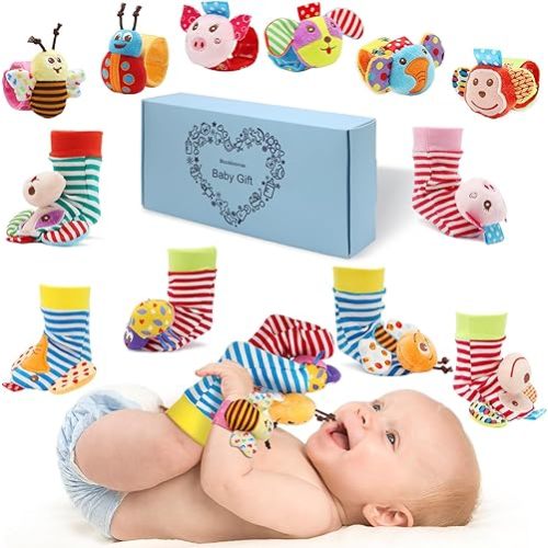 Bloobloomax Baby Soft Toy Foot Finder Socks Wrists Rattles - Ankle Leg Hand Arm Feet Rattle Toy Set- Newborn Present for Infant Toddler Boy Girl 0 3 6 9 12 24 36 Months