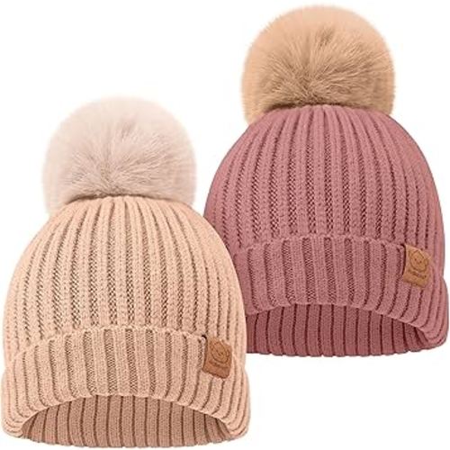 2-Pack Baby Hats for Girls, Boys - Stretchy Baby Beanies, Cute Newborn & Toddler Winter Hat, Soft & Warm Pom Pom Beanie for Infant, Toddler, Boys, Girls 0-6 Months (Tea Rose, S)