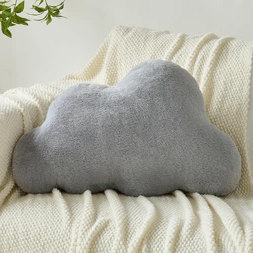 Cloud Pillows, Decorative Throw Pillow with Soft Plush for Couch Bed, Cloud Shaped Pillow Room Decor with Fluffy Faux Rabbit Fur for Living Room Bedroom (Grey, 11.8x18.5 Inches)