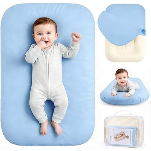 Infant Support Cushion, Baby Lounger 0-24 Months – Portable Tummy Time Mat & Rest Pod, Soft Cotton, Waterproof, Machine Washable, Safe for Supervised Play, Back Support (Dusty Blue)