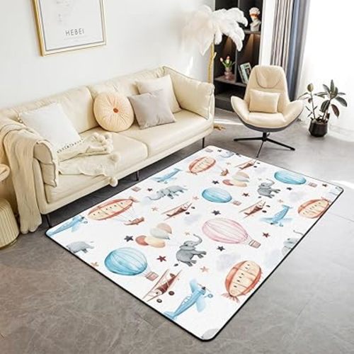 Erosebridal Blue Aircraft Area Rug 5x7,Brown Beige Airplane Non Slip Rug,Cartoon Elephant Carpet,Rainbow Hot Air Balloon Indoor Floor Mat,Colorful Stars Decorative Accent Rug Animal Room Decor