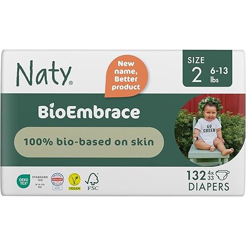 Naty BioEmbrace Baby Newborn Diapers Size 2 (6–13 lbs) | 100% Biobased on Skin | Plant-Based Softness | Dermatologically Tested, Super Absorbent | 132 Count