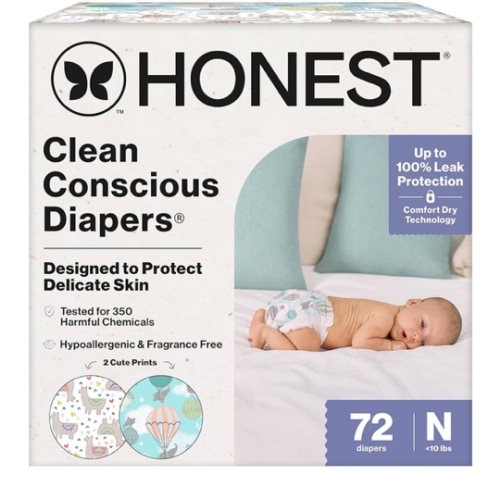 The Honest Company Clean Conscious Diapers for Delicate Skin | Up to 100% Leakproof | Hypoallergenic, Fragrance Free | Gender Neutral | Club Box, Size Newborn, 72 Count (Prints May Vary)