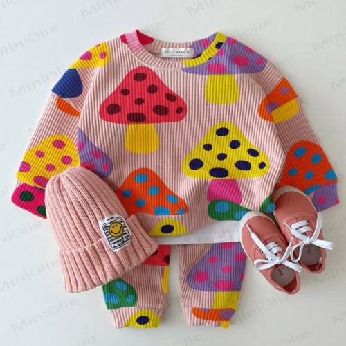 Baby Waffle Colorful Mushroom Sweatshirt 2-piece Set