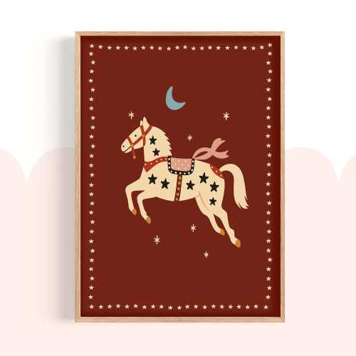 Magical Horse Print | Burgundy Red Folk Art |&nbsp;Kids Room Decor | Whimsical Nursery Wall Art | Fantasy Digital Download | Boho Printable Art