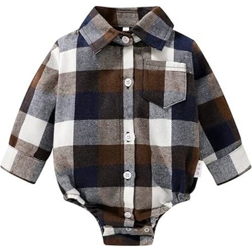 HAPPYMA Newborn Baby Boy Girls Plaid Outfit Flannel Romper Tops Infant Long Sleeve Button Down Plaid Casual Bodysuit Clothes