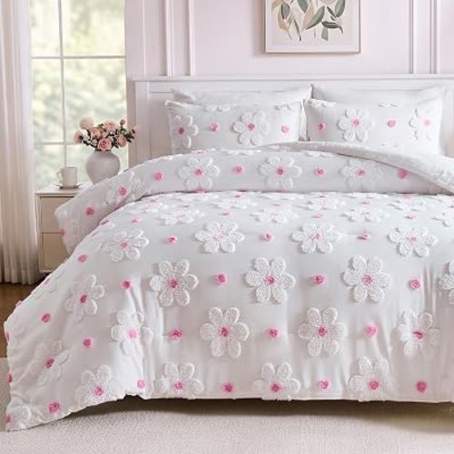 Twin Size Comforter Set for Girls Pink Tufted Daisies Flowers Bedding Sets