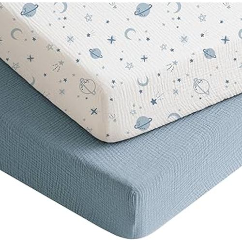 Konssy Muslin Crib Sheets for Boys, Soft Cotton Neutral Baby Sheets for Standard Crib Mattress 2 Pack, 52"x28" (Star,Blue)