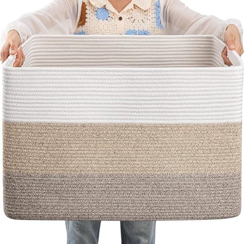 OIAHOMY Large Blanket Basket For Living Room, Rectangle Woven Baskets for Storage, Nursery Toy Storage With Handle-22”x17”x12”-Gradient Light Yellow