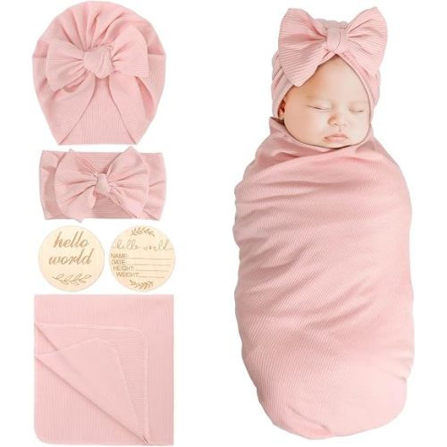 DRESHOW BQUBO Baby Girl Newborn Receiving Blankets with Bow Hat Headband Wooden Birth Announcement Card Set Newborn Baby Swaddle Wrap Set Warm Shower Gift