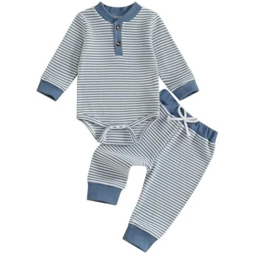Yuemengxuan Newborn Baby Boy Clothes Striped Long Sleeve Waffle Knit Romper Pants Set Infant Fall Winter Outfit