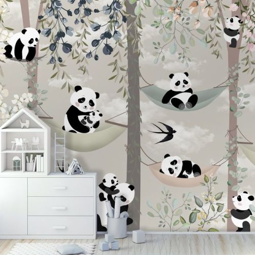 Nursery Panda Bear on Hammock Trees Wallpaper Mural • Wallmur®