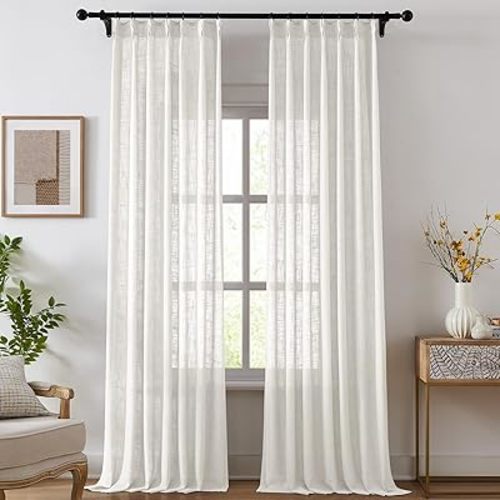 Pinch Pleated Linen Curtains for Living Room, Light Filtering Sheer Curtains 96 inches Long, Farmhouse Natural Pinch Pleat Drapes, Semi Sheer Window White Curtain with Hooks 2 Panels