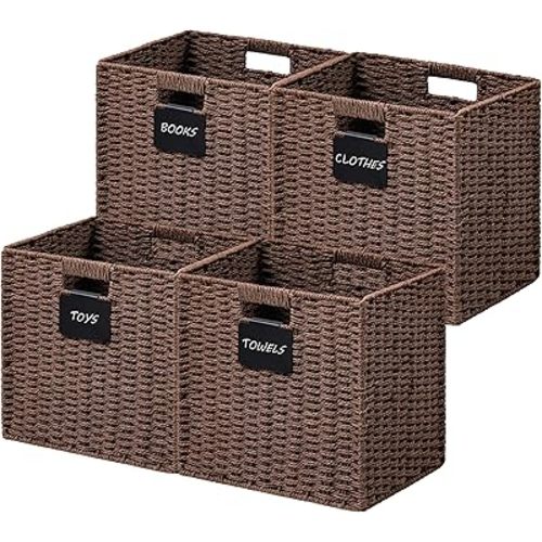 4 Pack Wicker Basket, 13×13 Storage Cubes with Label, Foldable Cube Storage Bin with Handle, Square Storage Basket for Shelves, Woven Paper Rope Basket for Organizing, Brown