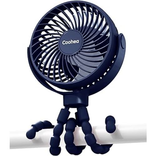 Stroller Fan USB Rechargeable Small Fan Battery Operated Portable Fan Cooling Fan with Flexible Tripod Clip on for Baby Stroller Car Seat Crib Golf Cart Treadmill, 3 Speeds Wind, Navy Blue