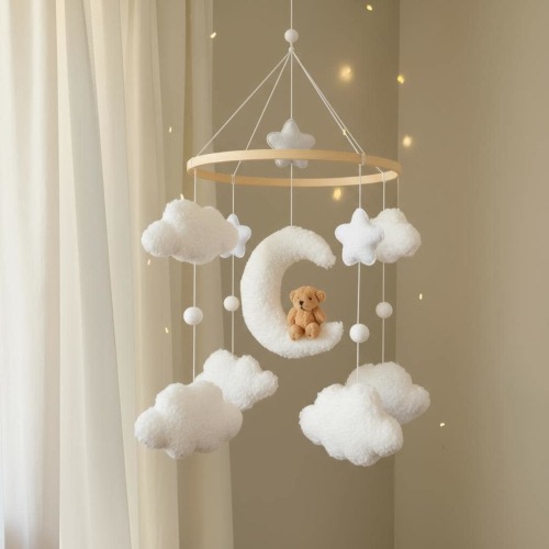 Teddy Bear, Moon and Clouds cat mobile- Boucle nursery decoration