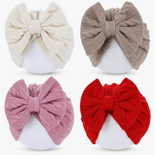 Cinaci 4 Pieces Baby Girls Turban Hats with Bow Newborn Hospital Caps Bonnets Beanies Headwraps for Infants Toddlers