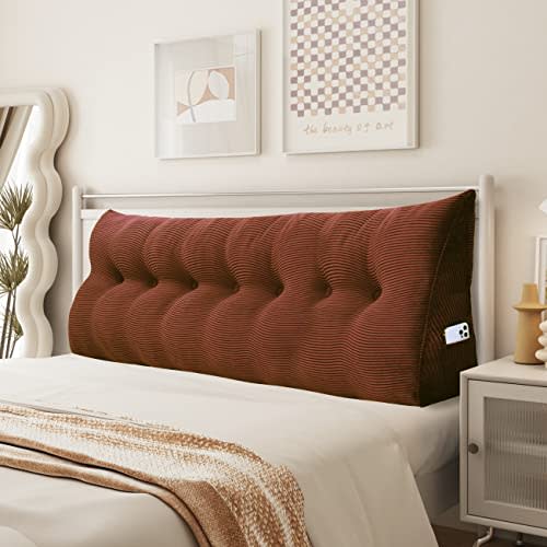YXCSELL Headboard Wedge Pillow Bolster Pillows Backrest Support Sitting Up Reading Pillow in Bed Rest, Large Lumbar Positioning Upholstered Triangle Pads for Sofa Cushion Corduroy (Brown,King)
