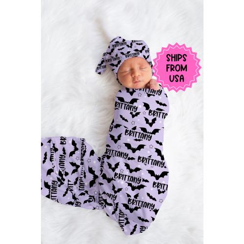Personalized fall bats Newborn Swaddle Set, purple halloween Swaddle Bow Set, Fall Swaddle Hat set, Custom name Newborn announcement outfit
