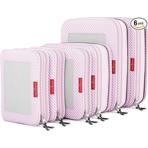 LeanTravel Premium Compression Packing Cubes for Travel - Luggage Organizers with Double Zipper - Sturdy Bags for Suitcase (6-Pack, Pink Stripes)