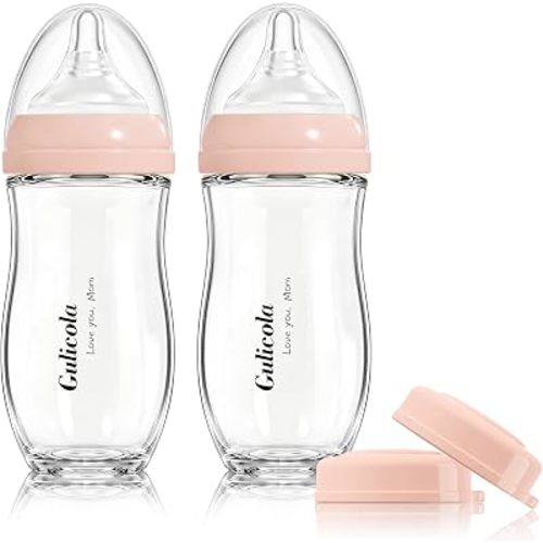Gulicola Natural Glass Baby Bottle for Breastfed Babies, Anti-Colic Baby Bottle Set with Medium Flow Nipple, 3 Months +, 8 oz, 2 Pack - Pink