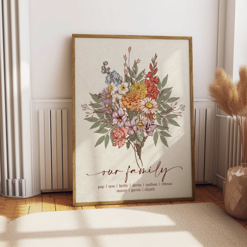 Boho Birth Flower Family Bouquet Print, Birth Month Flower Gift for Mom, Mother's Day Gift, Custom Digital Wall Art Print Personalized Gifts