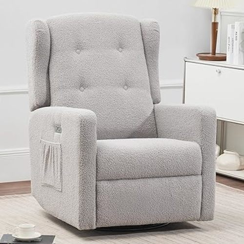 Power Swivel Rocking Recliner Chair, Electric Rocker Nursery Glider Chair, USB and Type-C Ports, Upholstered Teddy Fabric Reclining Single Sofa Chair for Living Room (Teddy Grey)