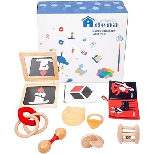 Montessori Play Kit for 0-6 Month Baby Tummy Time Interactive Toys Baby Brain Development Toys Rattle Montessori Toy Interlocking Rings Black, White Card Soft Book and Wooden Book Frame with Mirror