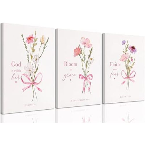 Baby Girl Nursery Wall Art Set of 3 Pink Bow Floral Canvas Prints, Christian Bible Verse Nursery Decor, Cute Flower Posters Pictures with Scripture for Girls Room Bedroom Framed 12x16 Inch