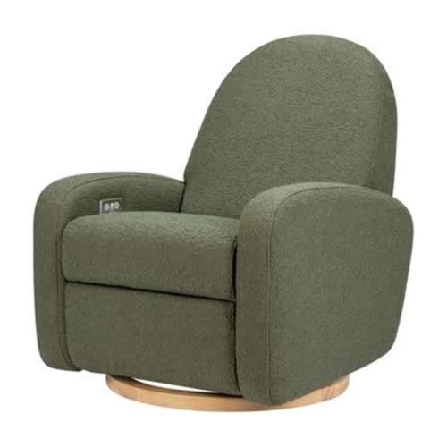 Babyletto Nami Electronic Recliner and Swivel Glider Recliner with USB port - Olive Boucle with Light Wood Base