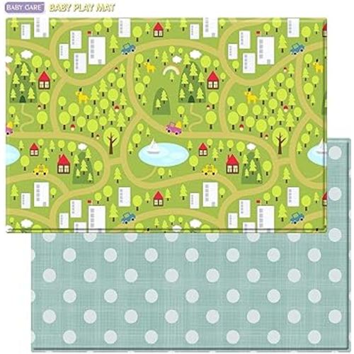 Baby Care Play Mat (Large, Playful - Country Town (Blue)) 82'' x 55'' Original One-Piece Reversible Rollable Waterproof Play Mat for Infants, Babies, Toddler, and Kids