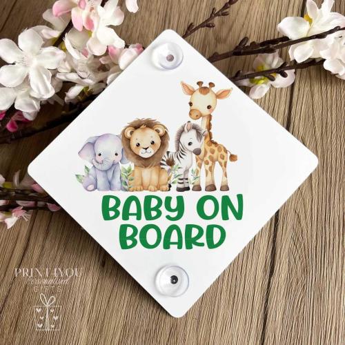Baby on Board Aluminium Car Window Safety Sign | Polite Driver Notice | Kids Car Accessories |  Safari Jungle Animals