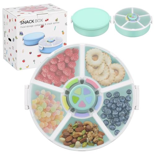 Snack Rotator Container Reusable Snack Box with 5 Compartment Dispenser and Lid, Color Matching Opening Lid, BPA and PVC Free, for Home, School, Travel (2 Pack- Green)