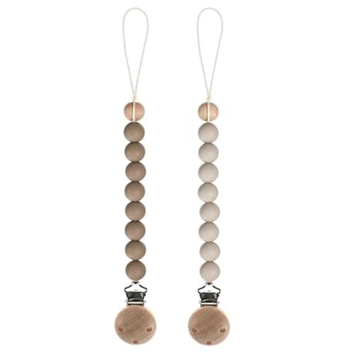 Silicone Pacifier Clips for Baby, 2-in-1 Pacifier Holder & Teething Ring Toy, BPA Free, 2 Pack (Sand+Light Grey)