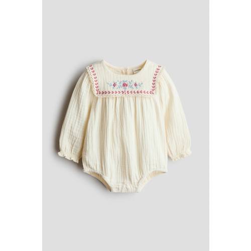 Cream/flowers Embroidered-Detail Cotton Romper Suit for kids | H&M US