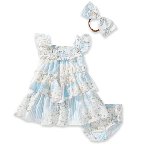 Bonnie Jean Baby Girls Flutter Sleeve Patchwork Printed Asymmetrical Tiered Skirted Dress