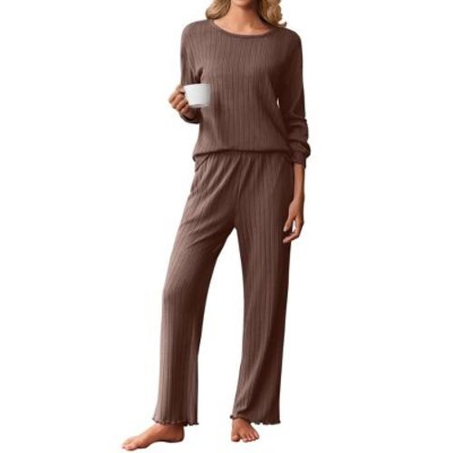 Ekouaer Lounge Sets for Women Comfy Ribbed Knit Pajamas Fall Long Sleeve Sleepwear 2 Piece Casual Loungewear Brown XXL