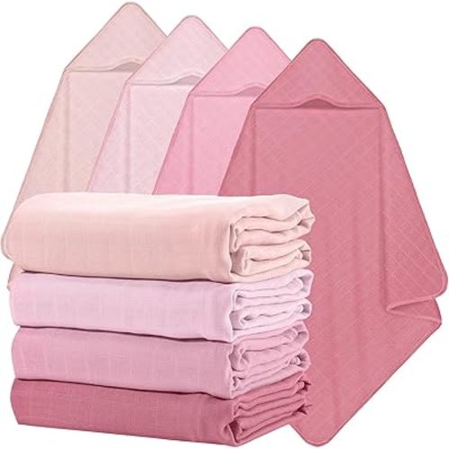 Preboun 4 Pcs Muslin Hooded Baby Towels,32"x 32" Cotton Newborn Bath Towel Muslin Infant Baby Blankets Absorbent Unisex Newborn Registry Gift for Girls Boys(Brown Series)