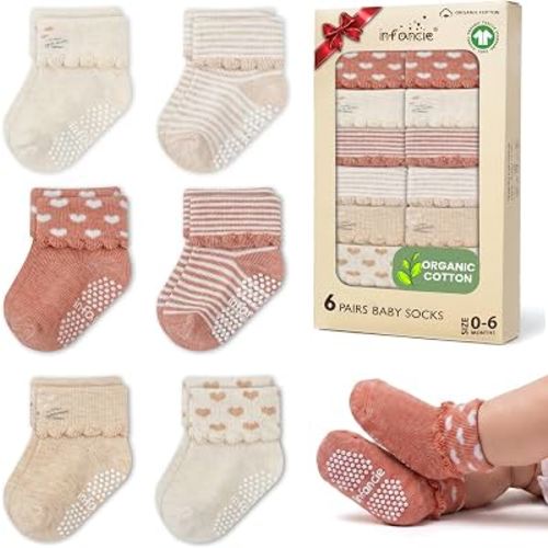 GOTS Organic Cotton Blend Infant, 6 Pairs Socks 0-6 M Boys Non Slip Gift | Oeko-Tex Certified, Baby Socks, 6 Pairs, Warm Baby Socks, Socks For Baby Boy, Cream & Wood Rose Combo, Unisex, 0-6 Months