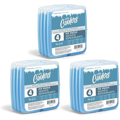 Cool Coolers by Fit + Fresh, Reusable & Long-Lasting Slim Ice Packs, Cold Packs for Lunch Boxes, Ice Packs for Lunch Bags, Blue 12 Pack