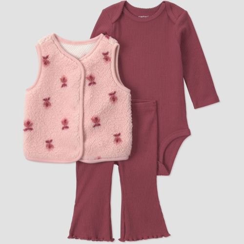 Carter's Just One You® Baby Girls' Cozy 3pc Long Sleeve Bodysuit Flare Pants and Floral Vest Set - Maroon 3M