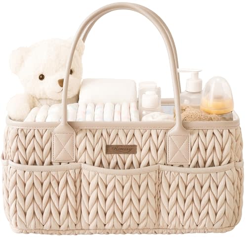 Konssy Baby Diaper Caddy Organizer, Braided Quilted Design with PU Handles | Water-Repellent, Portable Diaper Caddy Basket, Baby Basket Shower Gift, Newborn Nursery Essentials Registry (Braided Beige)