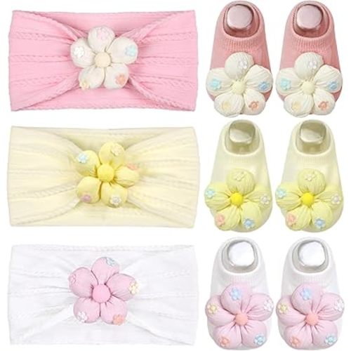 MIUXUESO Baby Girls Headbands and Socks Newborn Flower Hairbands Non-Slip Grips Socks Nylon Hair Accessories Infants and Toddlers (White, 6-12 Months)