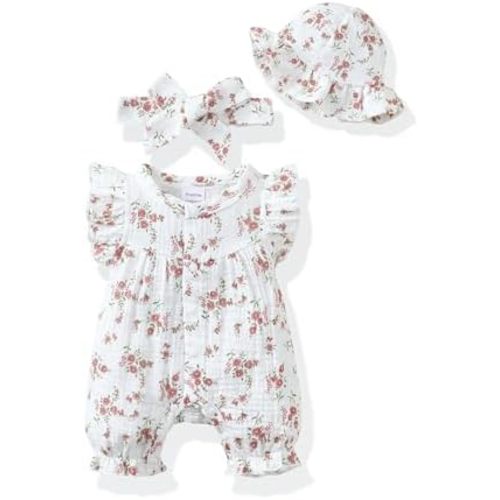 Renotemy Baby Girl Clothes Outfits Infant Summer Romper Cotton Linen Preemie Newborn Essentials Photography with Hat&Headband